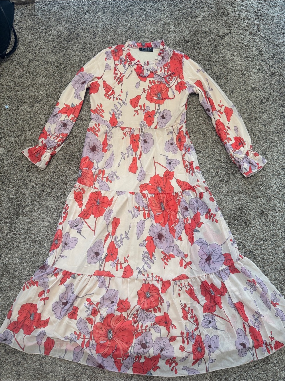 Floral Tiered Maxi Dress in Cream with Red & Lavender